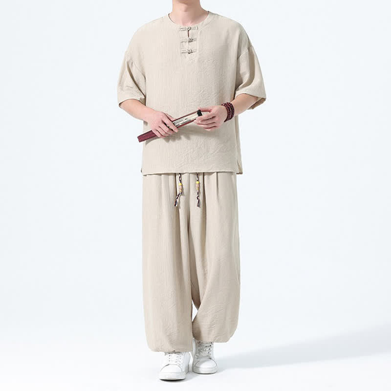 Buddha Stones 2Pcs Summer Tang Style Frog Button Solid Short Sleeve Shirt Harem Pants Men's Meditation Cloth With Pockets - image 26