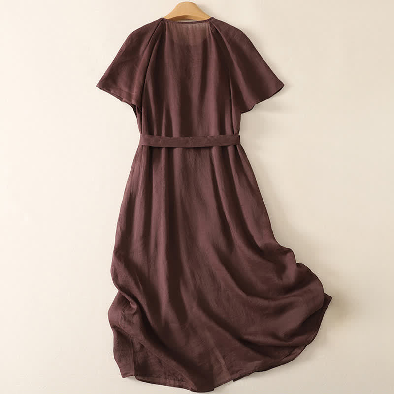 Buddha Stones Summer Vintage Button-Up Solid Women's Short Sleeve Midi Dress With Pockets - image 1
