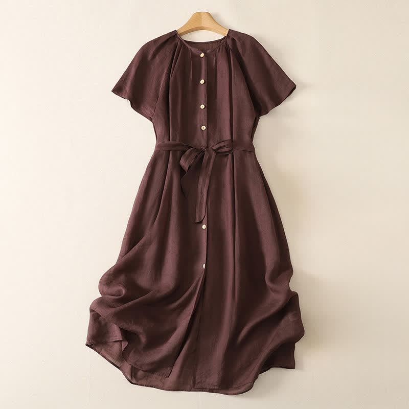 Buddha Stones Summer Vintage Button-Up Solid Women's Short Sleeve Midi Dress With Pockets - Maroon - US14，UK/AU18，EU46 (2XL) - image 0