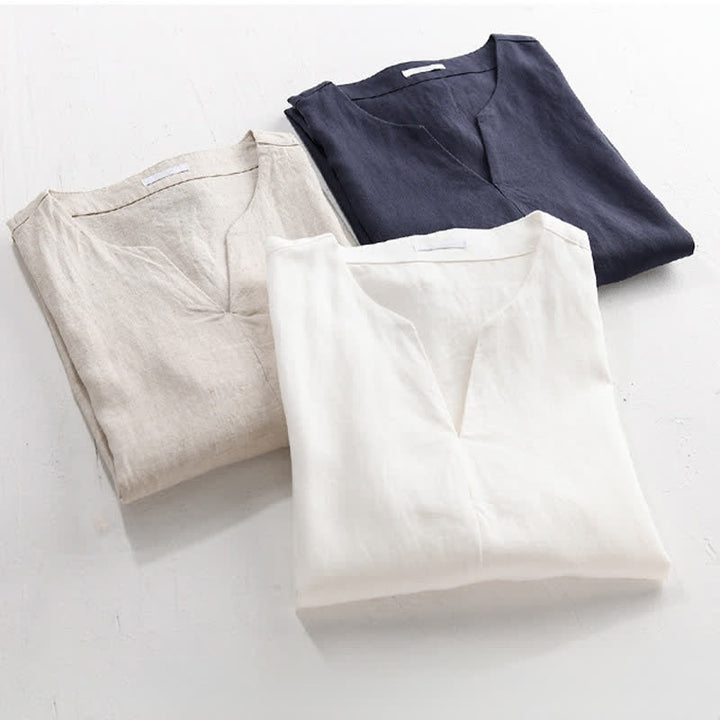 Buddha Stones Summer Minimalist Solid V-Neck Men's Short Sleeve T-Shirts - image 16