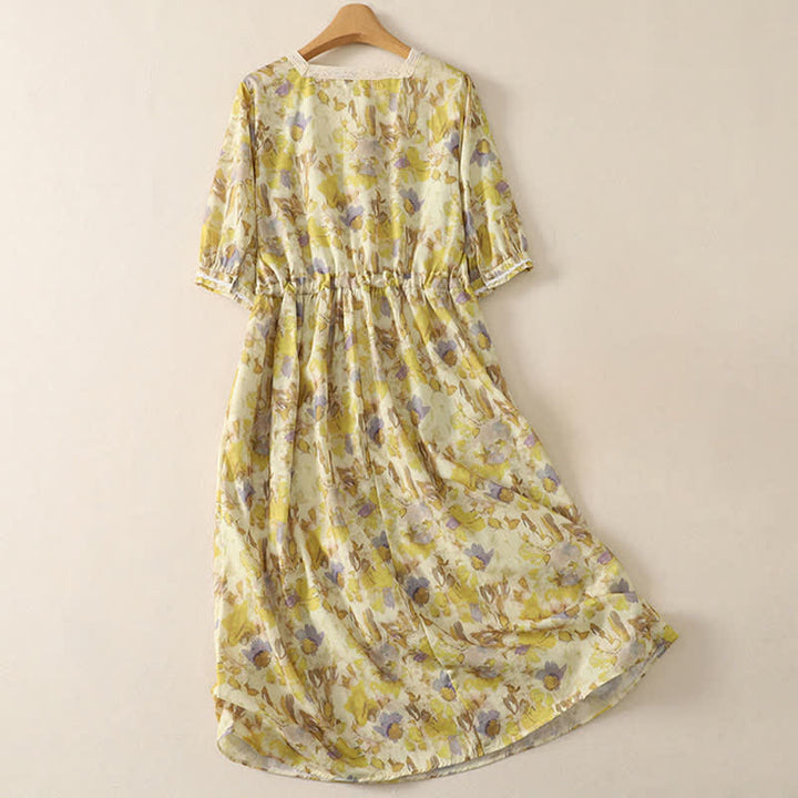 Buddha Stones Spring Summer Vintage Drawstring Yellow Floral Women's Short Sleeve Midi Dress - image 1