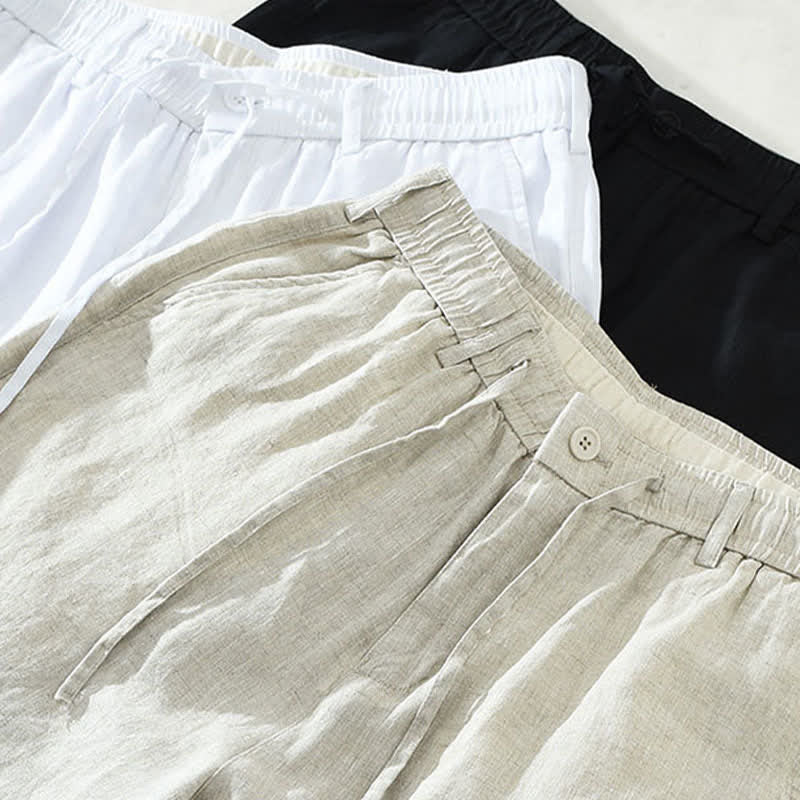 Buddha Stones Summer Casual Minimalist Drawstring Zipper Design Solid Linen Men's Shorts With Pockets - image 14