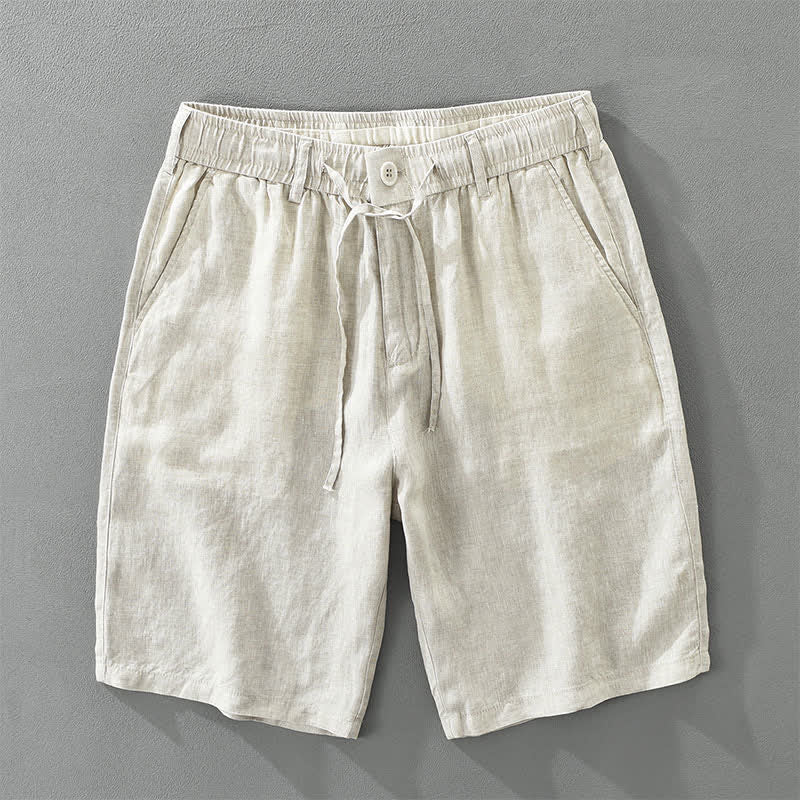 Buddha Stones Summer Casual Minimalist Drawstring Zipper Design Solid Linen Men's Shorts With Pockets - Linen - US/UK/AU46，EU56 (3XL) - image 0