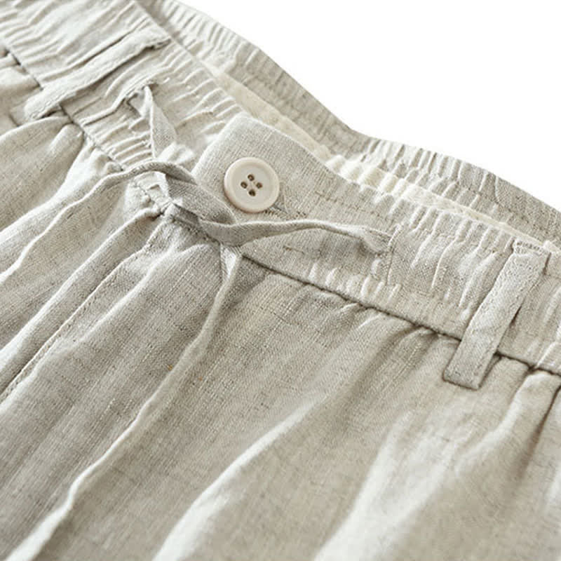 Buddha Stones Summer Casual Minimalist Drawstring Zipper Design Solid Linen Men's Shorts With Pockets - image 5