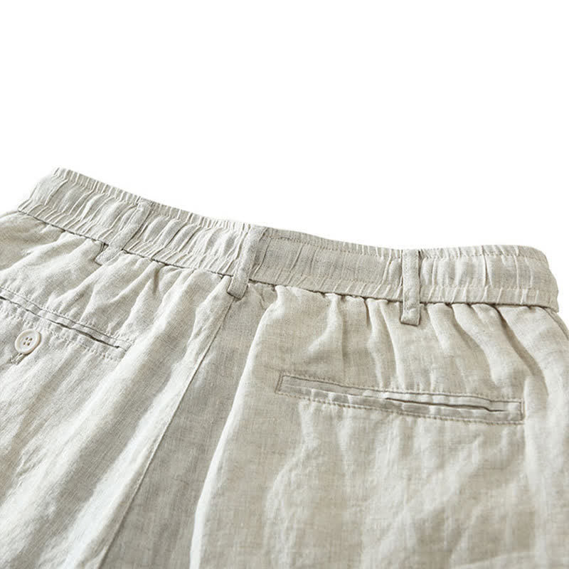 Buddha Stones Summer Casual Minimalist Drawstring Zipper Design Solid Linen Men's Shorts With Pockets - image 4