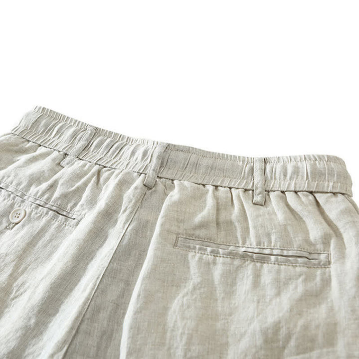Buddha Stones Summer Casual Minimalist Drawstring Zipper Design Solid Linen Men's Shorts With Pockets - image 4
