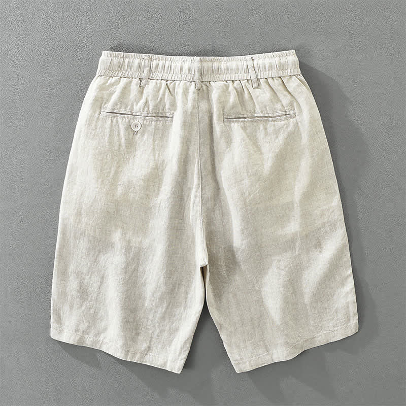 Buddha Stones Summer Casual Minimalist Drawstring Zipper Design Solid Linen Men's Shorts With Pockets - image 1