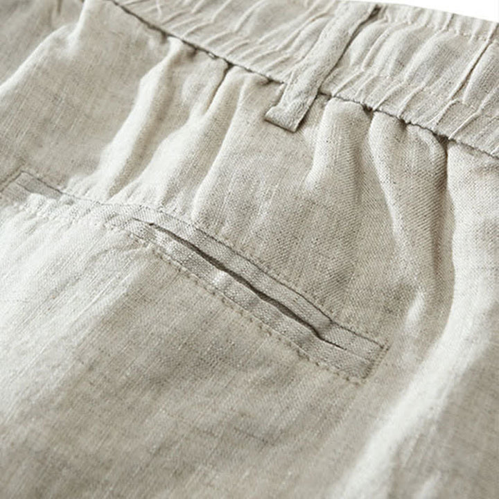 Buddha Stones Summer Casual Minimalist Drawstring Zipper Design Solid Linen Men's Shorts With Pockets - image 8