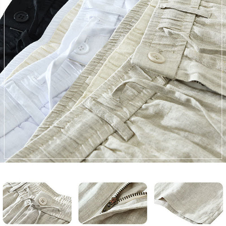 Buddha Stones Summer Casual Minimalist Drawstring Zipper Design Solid Linen Men's Shorts With Pockets - image 13
