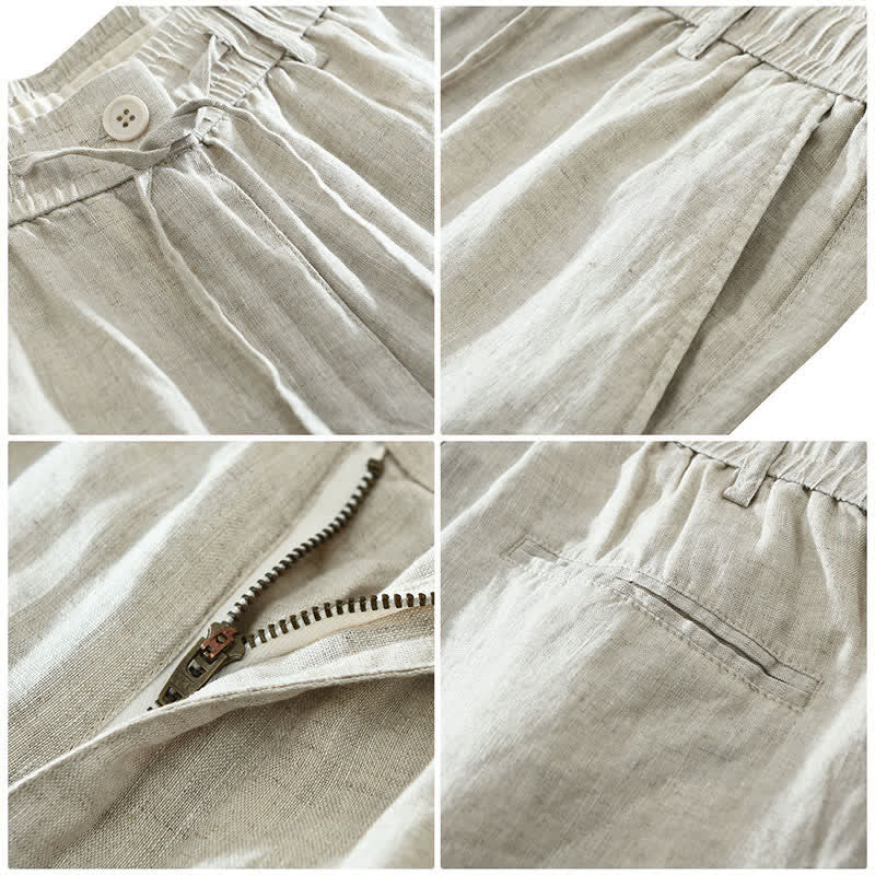 Buddha Stones Summer Casual Minimalist Drawstring Zipper Design Solid Linen Men's Shorts With Pockets - image 2
