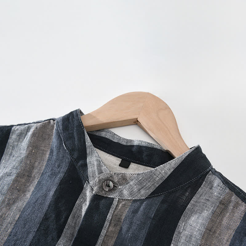 Buddha Stones Summer Vintage Mandarin Collar Button Up Striped Linen Men's Shirts With Patch Pocket - image 11