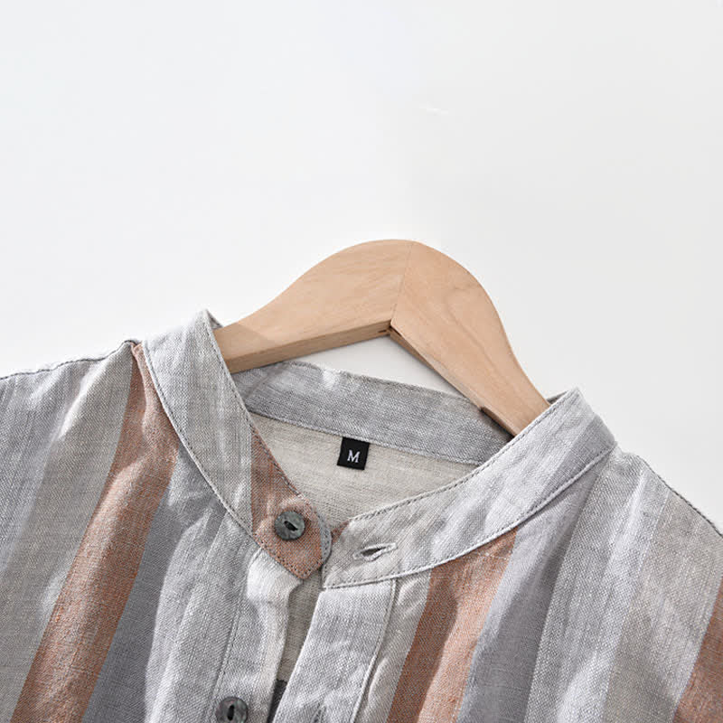 Buddha Stones Summer Vintage Mandarin Collar Button Up Striped Linen Men's Shirts With Patch Pocket - image 3