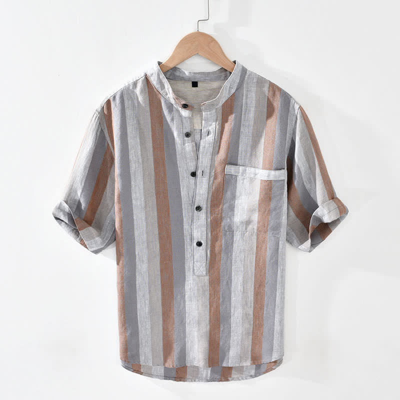 Buddha Stones Summer Vintage Mandarin Collar Button Up Striped Linen Men's Shirts With Patch Pocket - Tan - US/UK/AU42，EU52 (3XL) - image 0