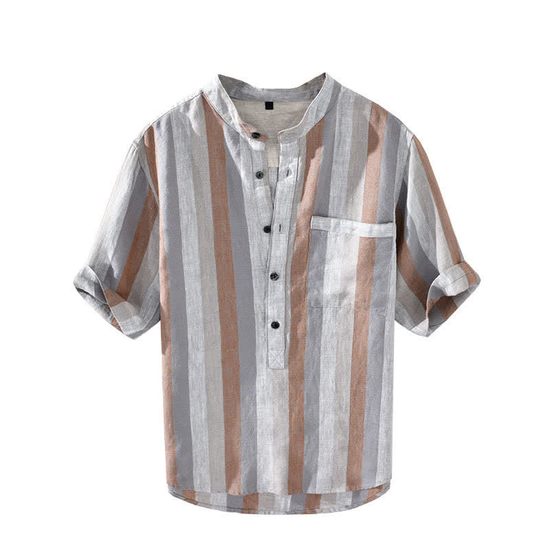 Buddha Stones Summer Vintage Mandarin Collar Button Up Striped Linen Men's Shirts With Patch Pocket - image 2