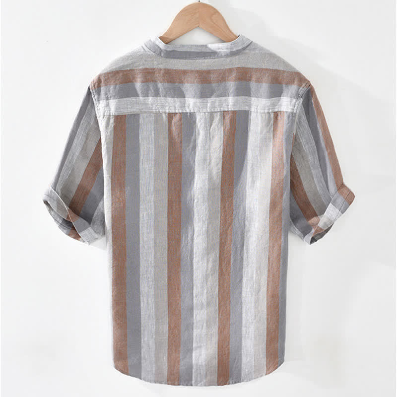 Buddha Stones Summer Vintage Mandarin Collar Button Up Striped Linen Men's Shirts With Patch Pocket - image 1