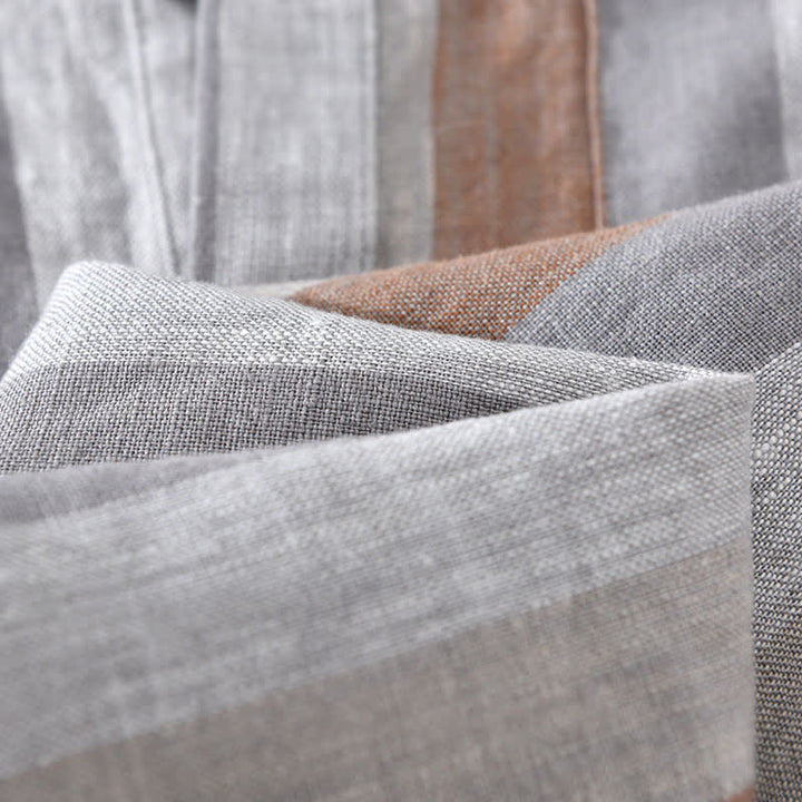 Buddha Stones Summer Vintage Mandarin Collar Button Up Striped Linen Men's Shirts With Patch Pocket - image 9