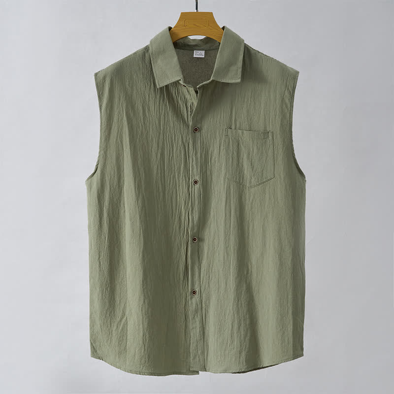 Buddha Stones Summer Casual Minimalist Button-Up Solid Men's Sleeveless Shirts - OliveDrab - US/UK/AU44，EU54 (3XL) - image 8