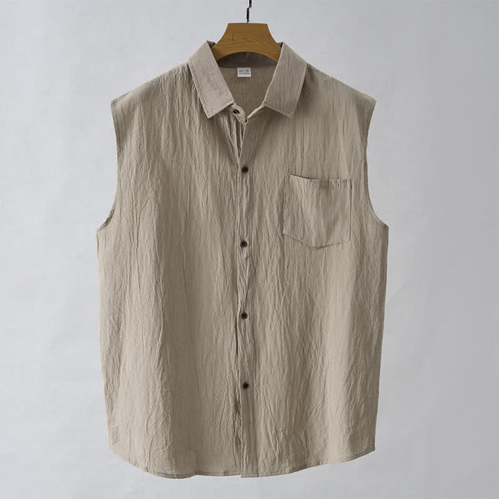 Buddha Stones Summer Casual Minimalist Button-Up Solid Men's Sleeveless Shirts - image 14