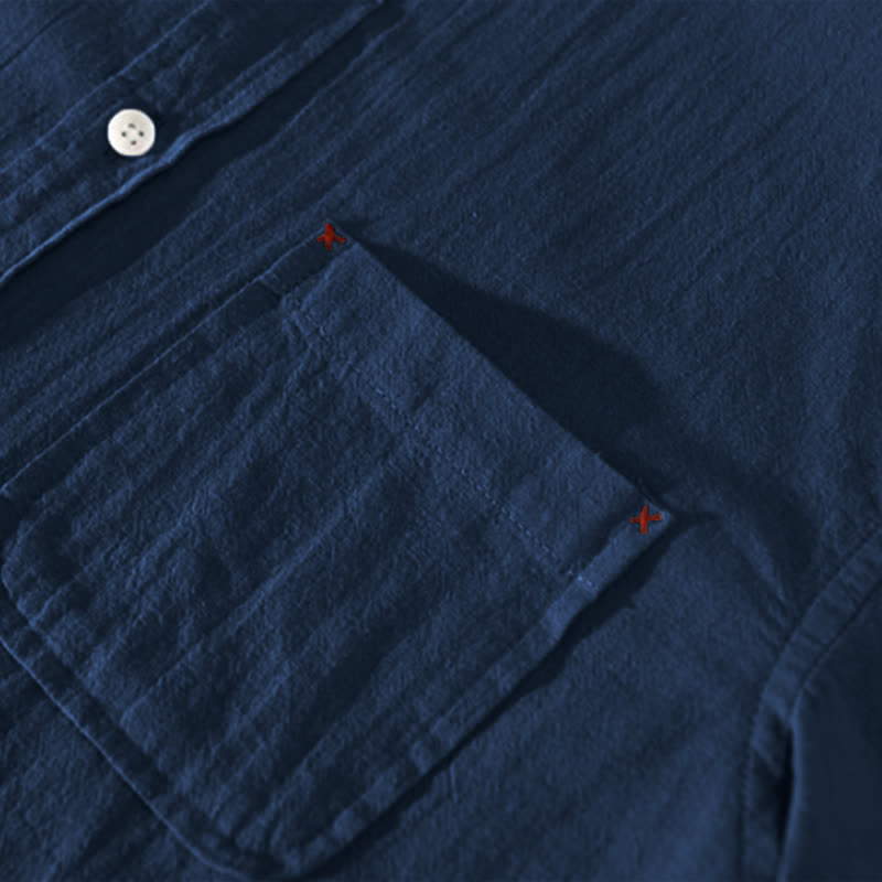 Buddha Stones Summer Casual Minimalist Button-Up Solid Cotton Linen Men's Short Sleeve Shirts With Pocket - image 15