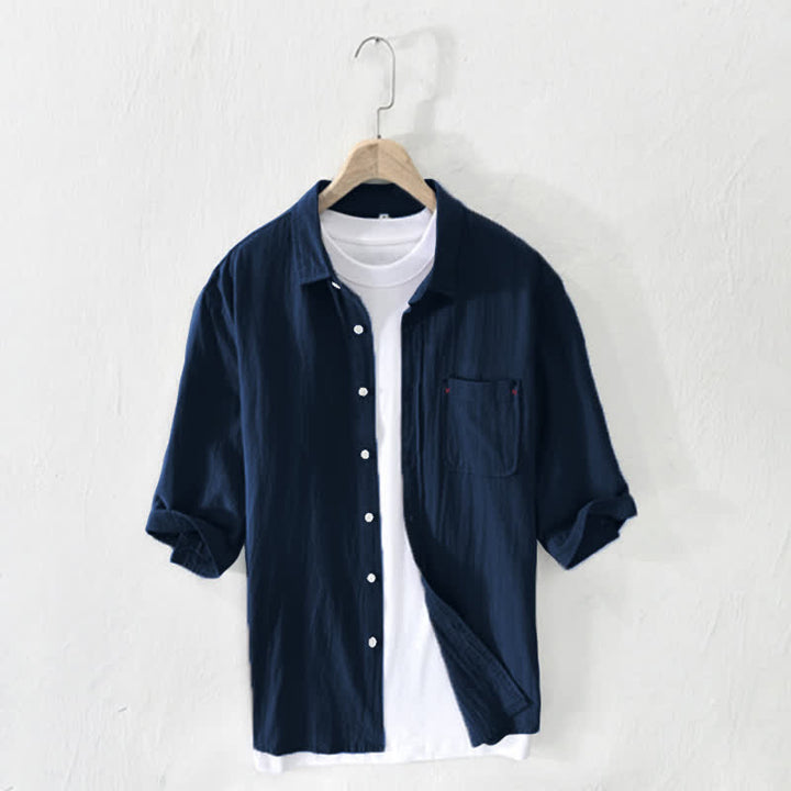 Buddha Stones Summer Casual Minimalist Button-Up Solid Cotton Linen Men's Short Sleeve Shirts With Pocket - Navy - US/UK/AU42，EU52 (3XL) - image 14