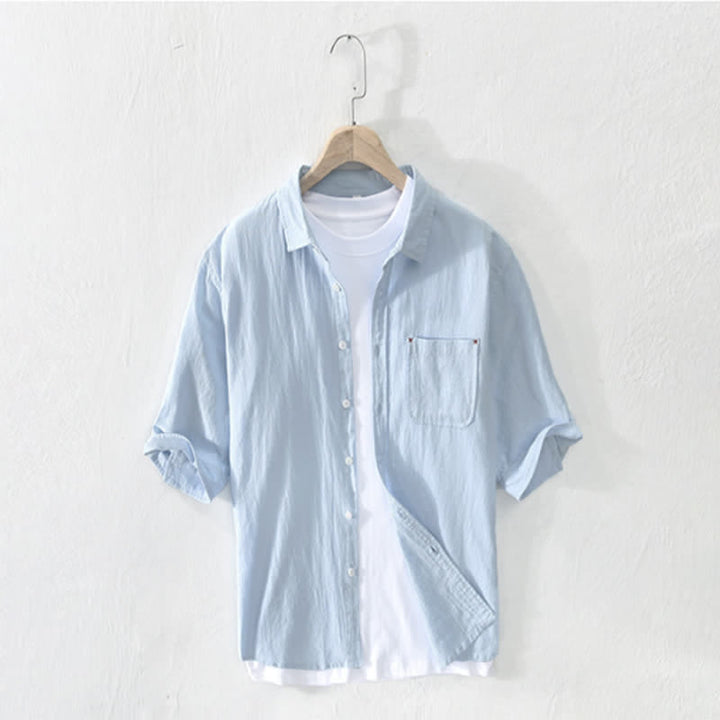 Buddha Stones Summer Casual Minimalist Button-Up Solid Cotton Linen Men's Short Sleeve Shirts With Pocket - PowderBlue - US/UK/AU42，EU52 (3XL) - image 10