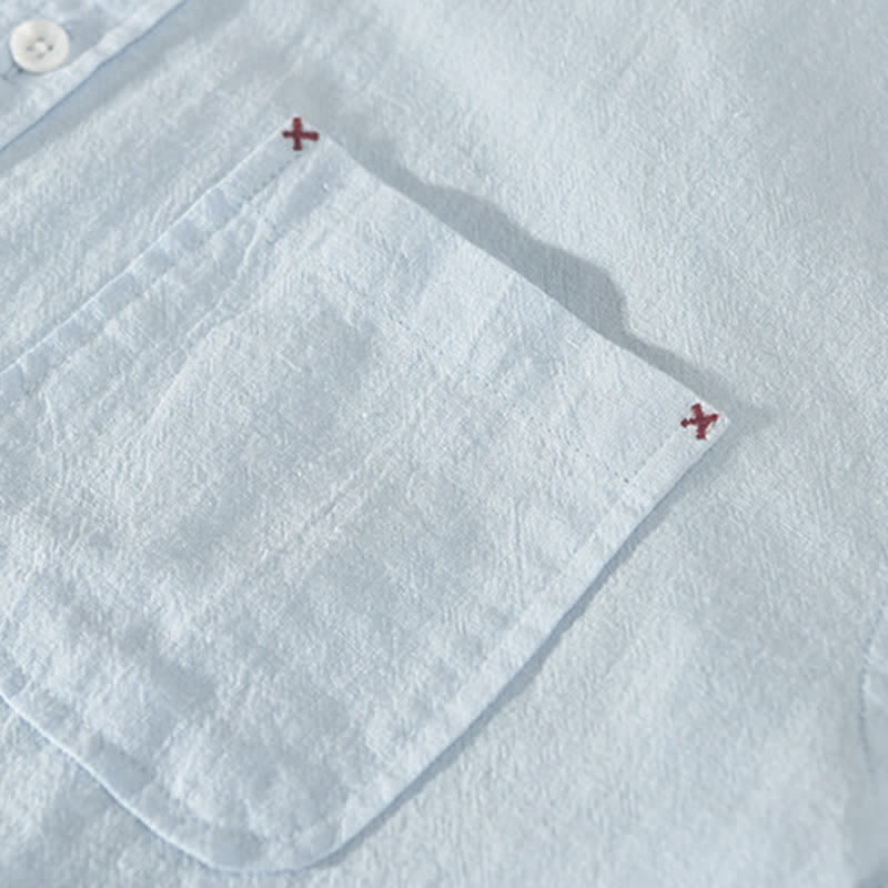 Buddha Stones Summer Casual Minimalist Button-Up Solid Cotton Linen Men's Short Sleeve Shirts With Pocket - image 12