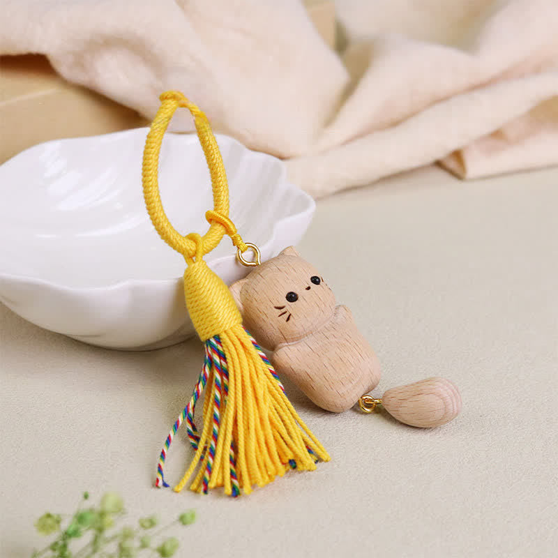Buddha Stones Beech Wood Lucky Cat Handmade Tassel Keychains - Yellow String - Beech Wood (Clarity ♥ Grounding Energy) - image 11