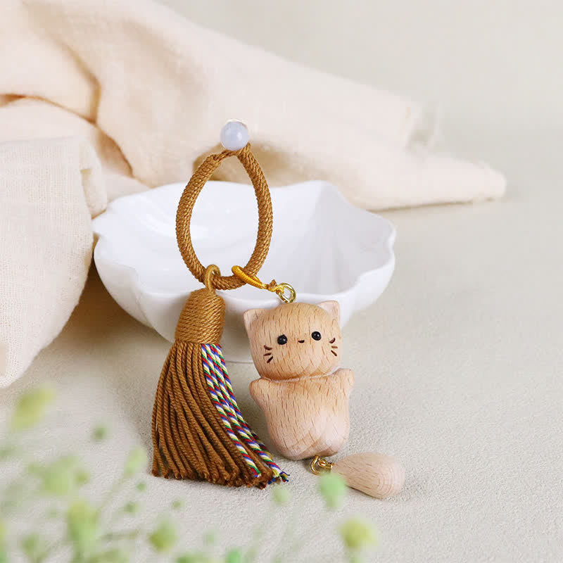 Buddha Stones Beech Wood Lucky Cat Handmade Tassel Keychains - Orange String - Beech Wood (Clarity ♥ Grounding Energy) - image 6