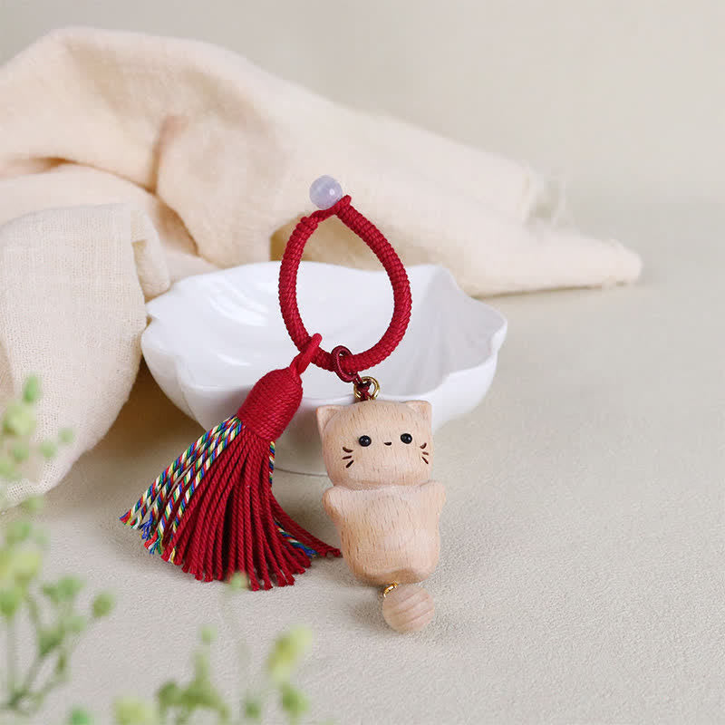 Buddha Stones Beech Wood Lucky Cat Handmade Tassel Keychains - Red String - Beech Wood (Clarity ♥ Grounding Energy) - image 10