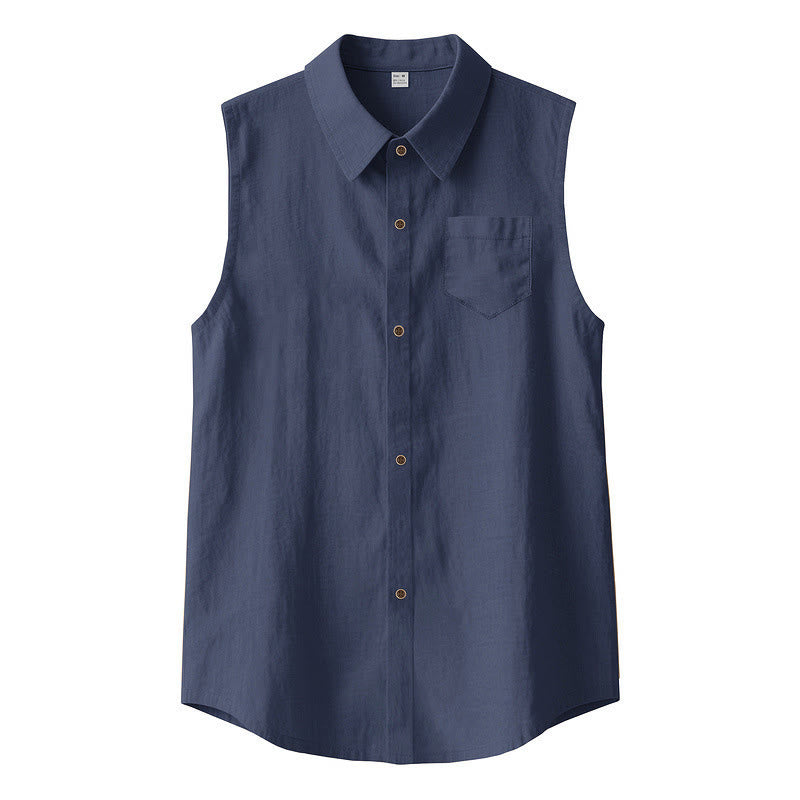 Buddha Stones Summer Casual Minimalist Button-Up Solid Men's Sleeveless Shirts - Navy - US/UK/AU44，EU54 (3XL) - image 0