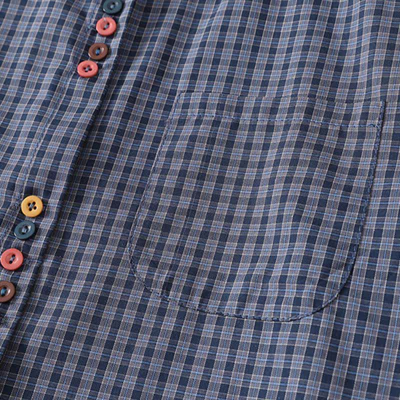 Buddha Stones Summer Casual Vintage Mandarin Collar Button-Up Plaid Women's Short Sleeve Shirts With Pocket - image 4