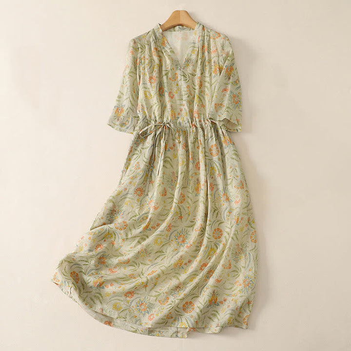 Buddha Stones Summer Boho Drawstring Floral Women's Short Sleeve Dress With Pocket - LemonChiffon - US12，UK/AU16，EU44 (2XL) - image 0