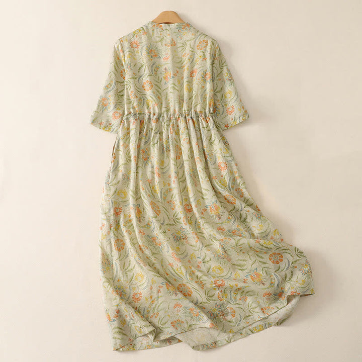 Buddha Stones Summer Boho Drawstring Floral Women's Short Sleeve Dress With Pocket - image 1