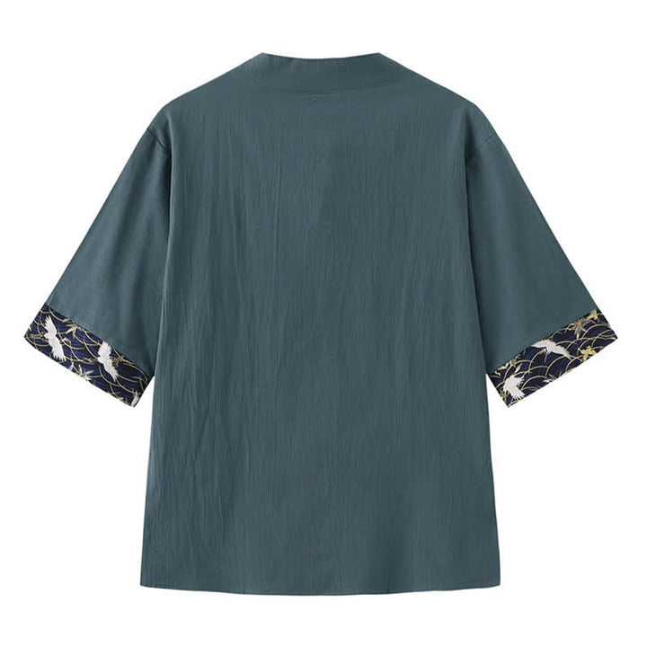 Buddha Stones Summer Tang Style Vintage Frog Button Crane Men's Short Sleeve Shirts - image 1