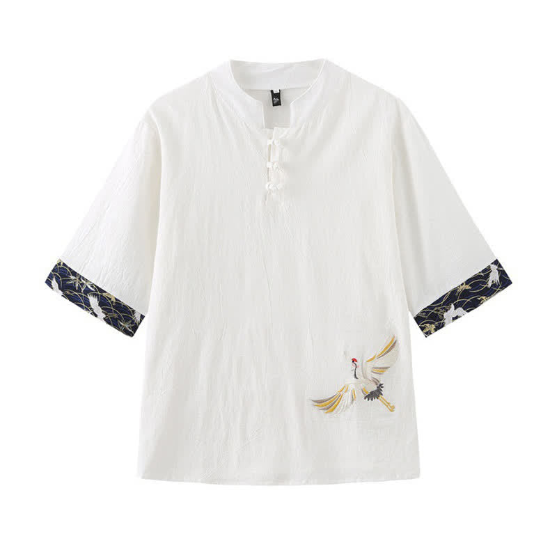 Buddha Stones Summer Tang Style Vintage Frog Button Crane Men's Short Sleeve Shirts - White - US/UK/AU46，EU56 (5XL) - image 2