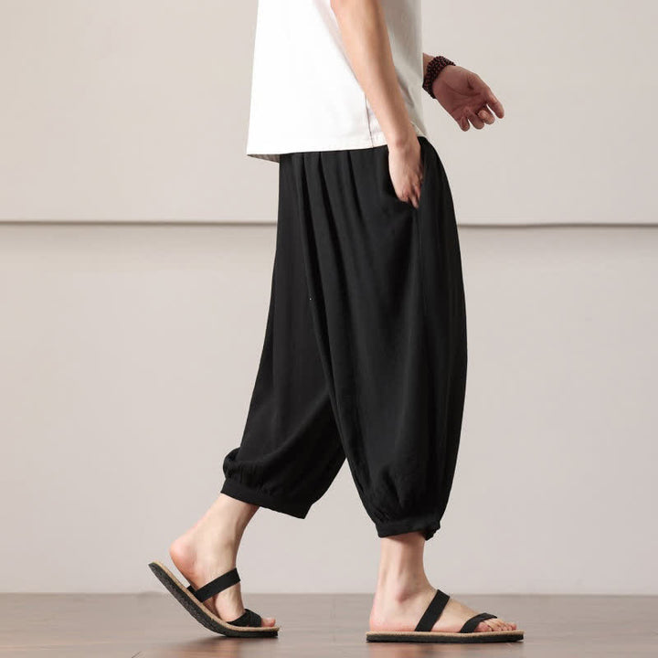 Buddha Stones Summer Casual Minimalist Drawstring Solid Capri Pants Men's Harem Pants With Pocket - image 24
