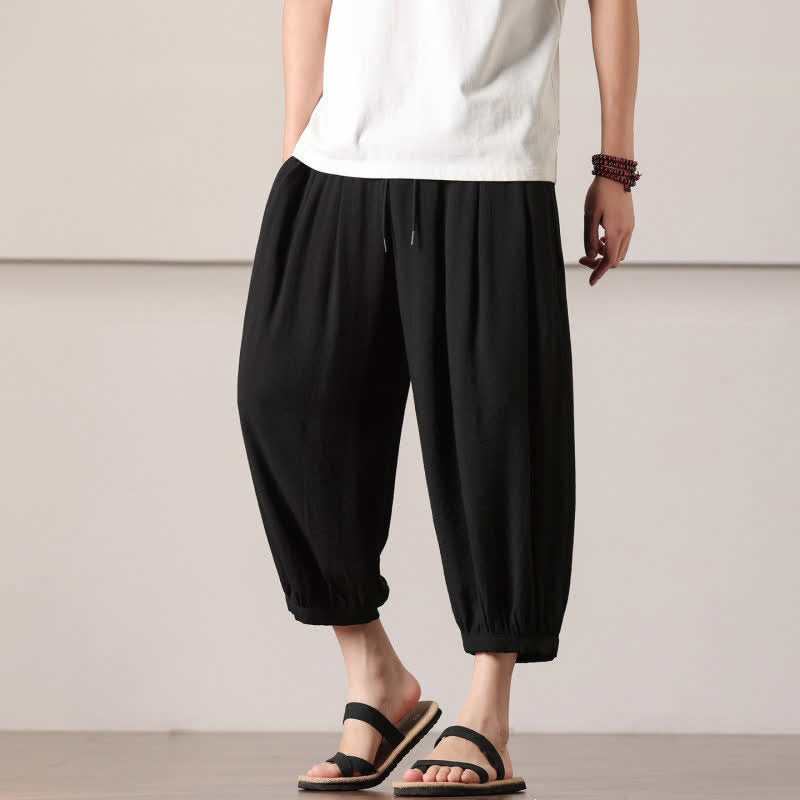 Buddha Stones Summer Casual Minimalist Drawstring Solid Capri Pants Men's Harem Pants With Pocket - image 22