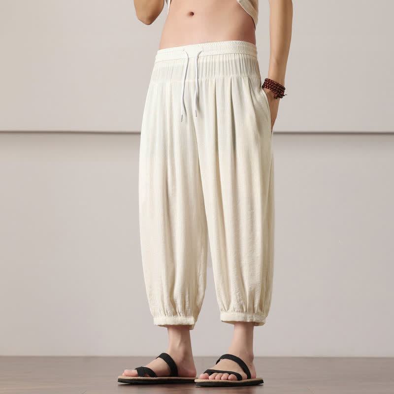 Buddha Stones Summer Casual Minimalist Drawstring Solid Capri Pants Men's Harem Pants With Pocket - image 9