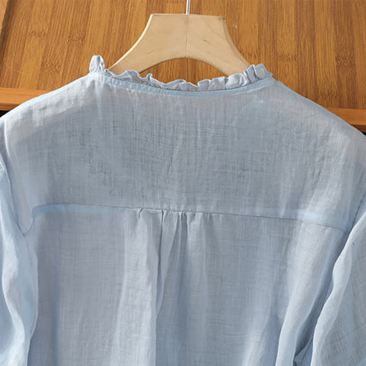 Buddha Stones Summer Casual Vintage Light Blue Embroidery Button-Up Solid Women's Elbow-Length Sleeve Shirts - image 5