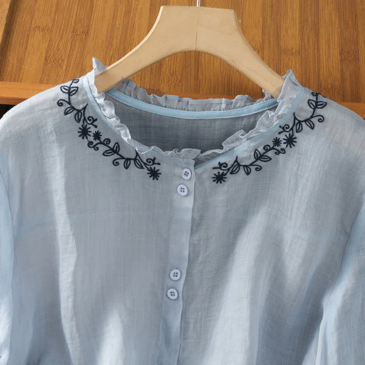 Buddha Stones Summer Casual Vintage Light Blue Embroidery Button-Up Solid Women's Elbow-Length Sleeve Shirts - image 3