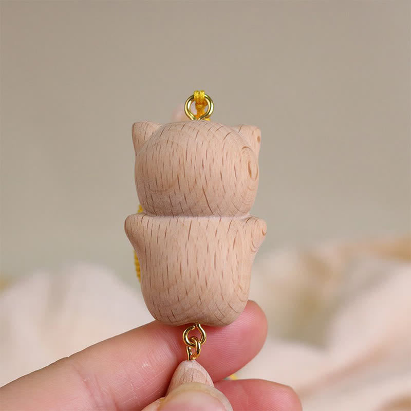 Buddha Stones Beech Wood Lucky Cat Handmade Tassel Keychains - image 8