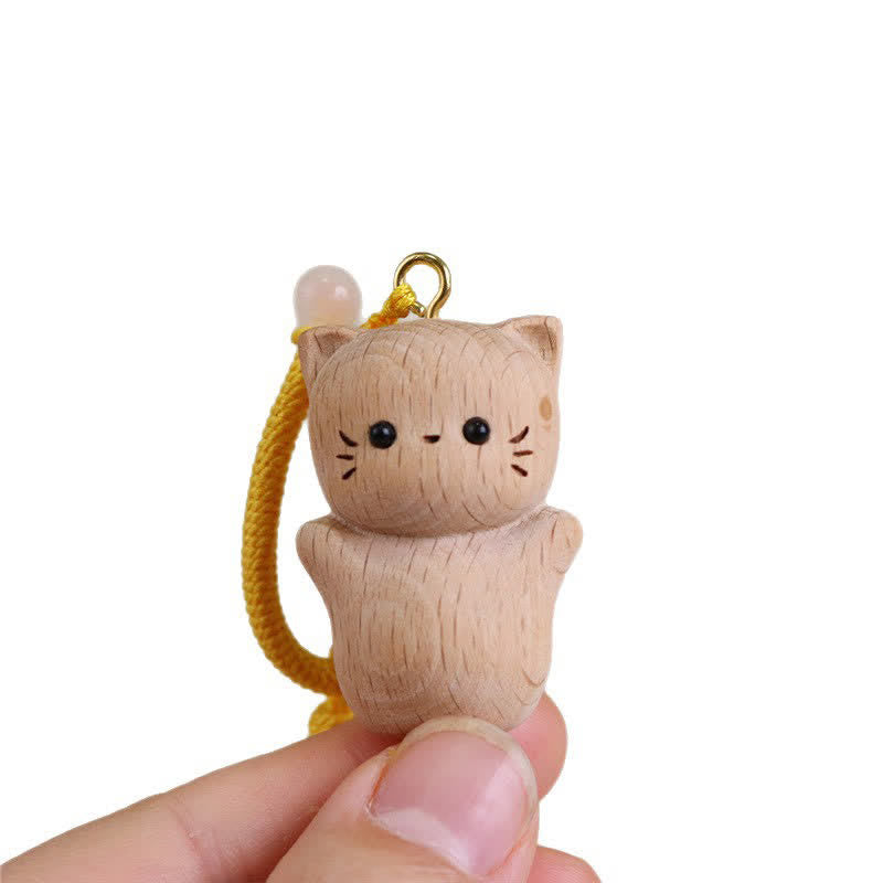 Buddha Stones Beech Wood Lucky Cat Handmade Tassel Keychains - image 15