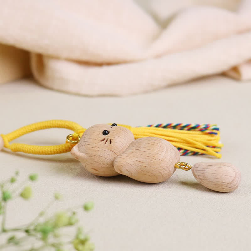 Buddha Stones Beech Wood Lucky Cat Handmade Tassel Keychains - image 12