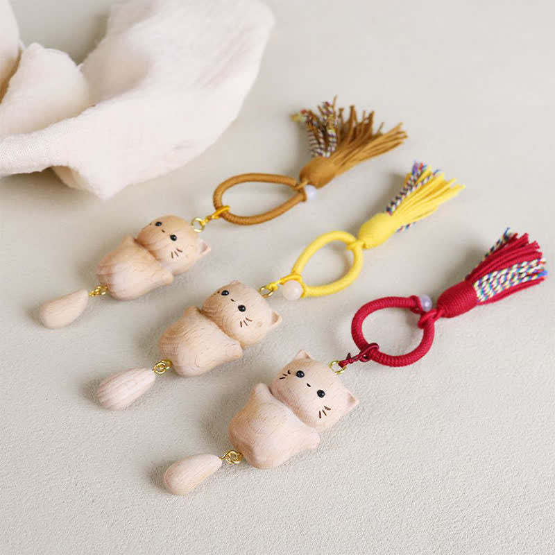 Buddha Stones Beech Wood Lucky Cat Handmade Tassel Keychains - image 14