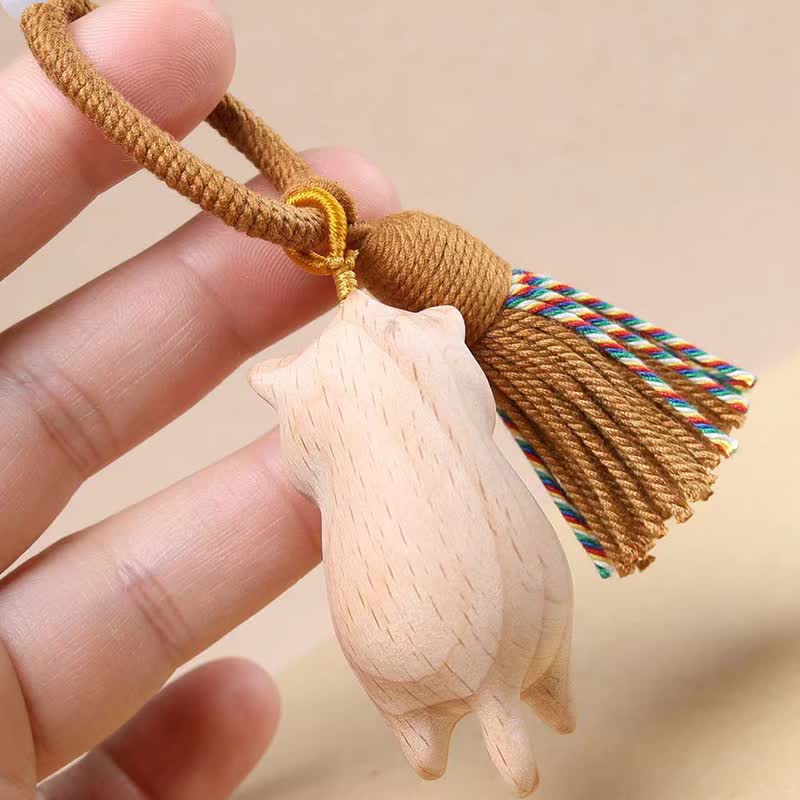 Buddha Stones Beech Wood Cat Peace Tassel Bag Charm Keychains - image 6