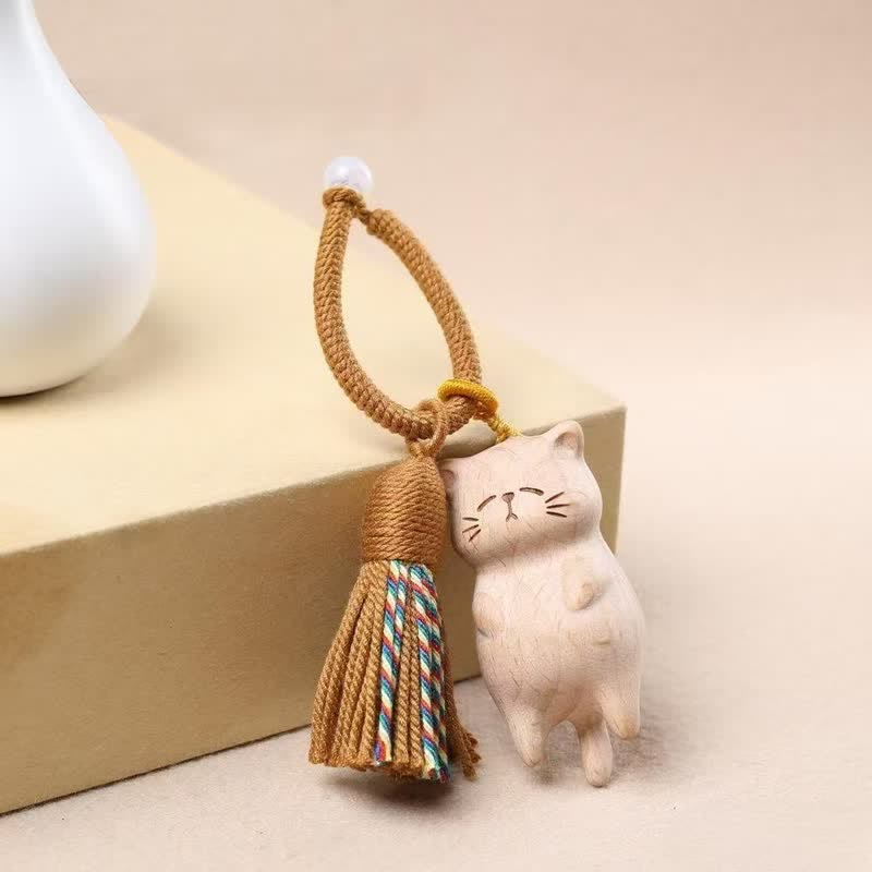 Buddha Stones Beech Wood Cat Peace Tassel Bag Charm Keychains - image 1