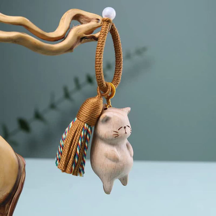 Buddha Stones Beech Wood Cat Peace Tassel Bag Charm Keychains - image 3