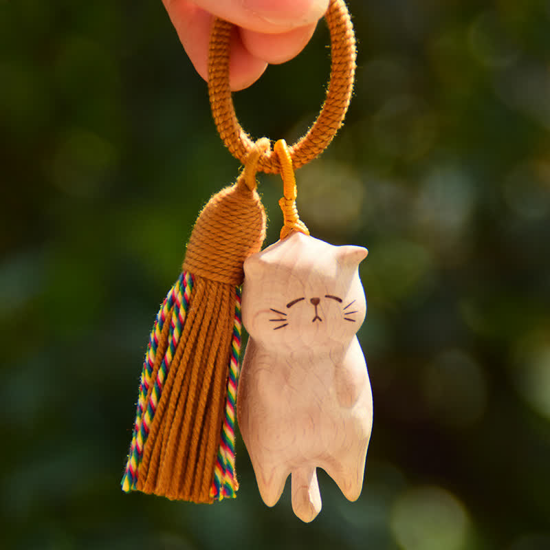 Buddha Stones Beech Wood Cat Peace Tassel Bag Charm Keychains - Yellow Cord Lying Cat Charm - Beech Wood (Clarity ♥ Grounding Energy) - image 0