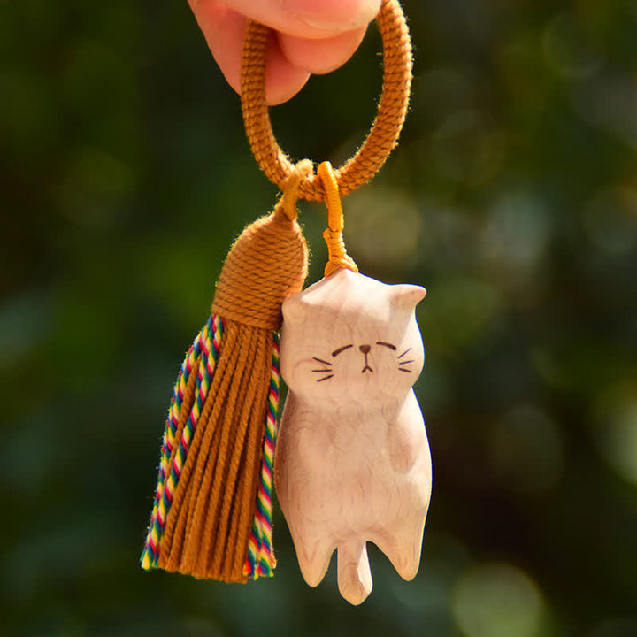 Buddha Stones Beech Wood Cat Peace Tassel Bag Charm Keychains - Yellow Cord Lying Cat Charm - Beech Wood (Clarity ♥ Grounding Energy) - image 0