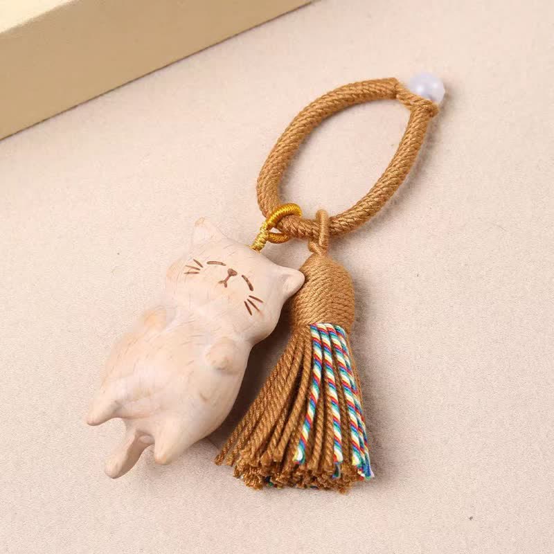 Buddha Stones Beech Wood Cat Peace Tassel Bag Charm Keychains - image 2
